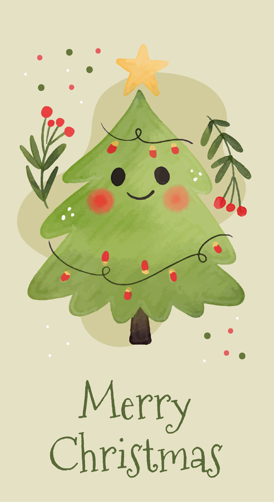 Cartoon Christmas tree with a smiling face and holly