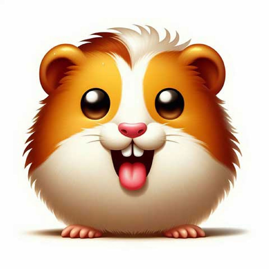 A 3D cartoon hamster with orange and white fur and big brown eyes