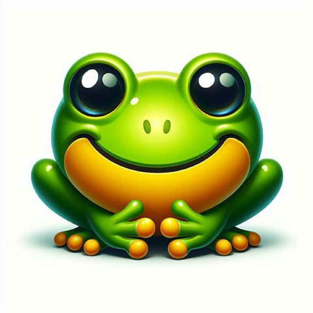 A cartoon green frog with large red eyes and yellow hands and feet.