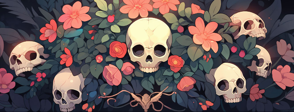 Digital artwork with skulls and flowers