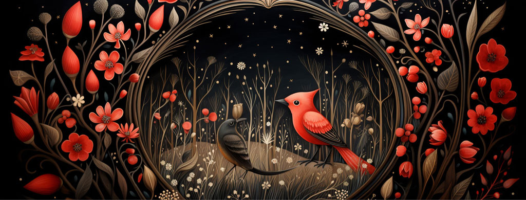 Illustration of red birds in a night garden surrounded by flowers and foliage