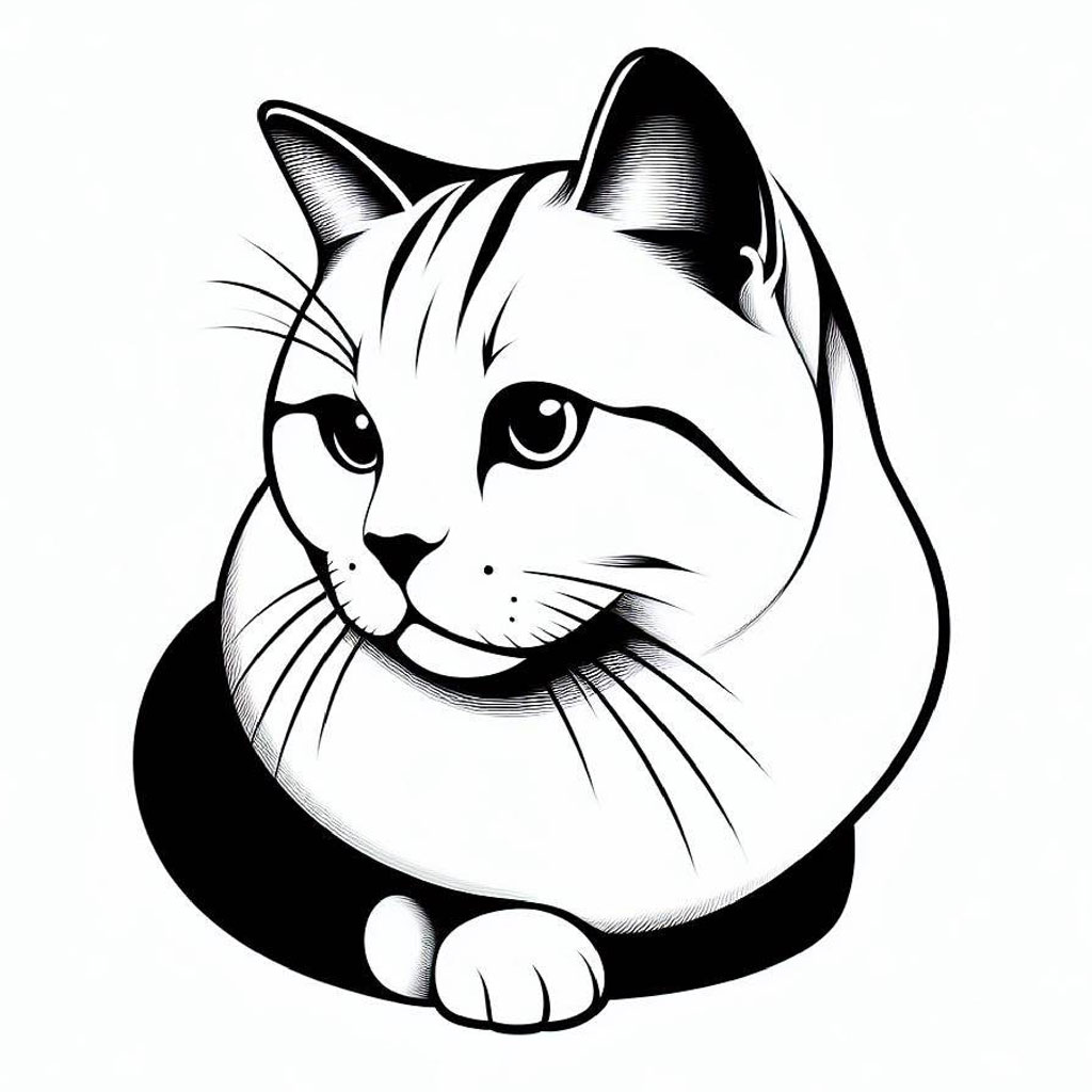 Line drawing of a white cat sitting and looking forward.