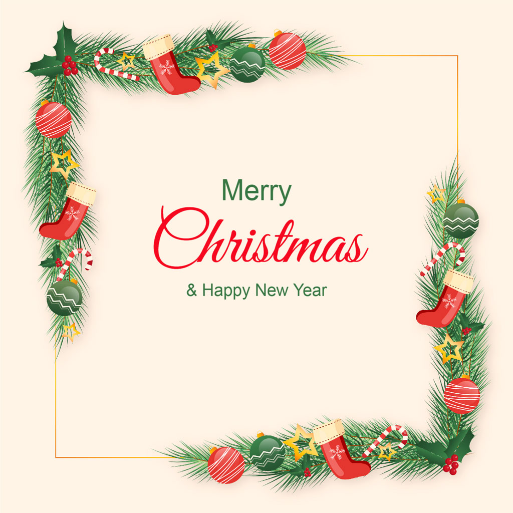 Merry Christmas and Happy New Year festive greeting card with decorated frame