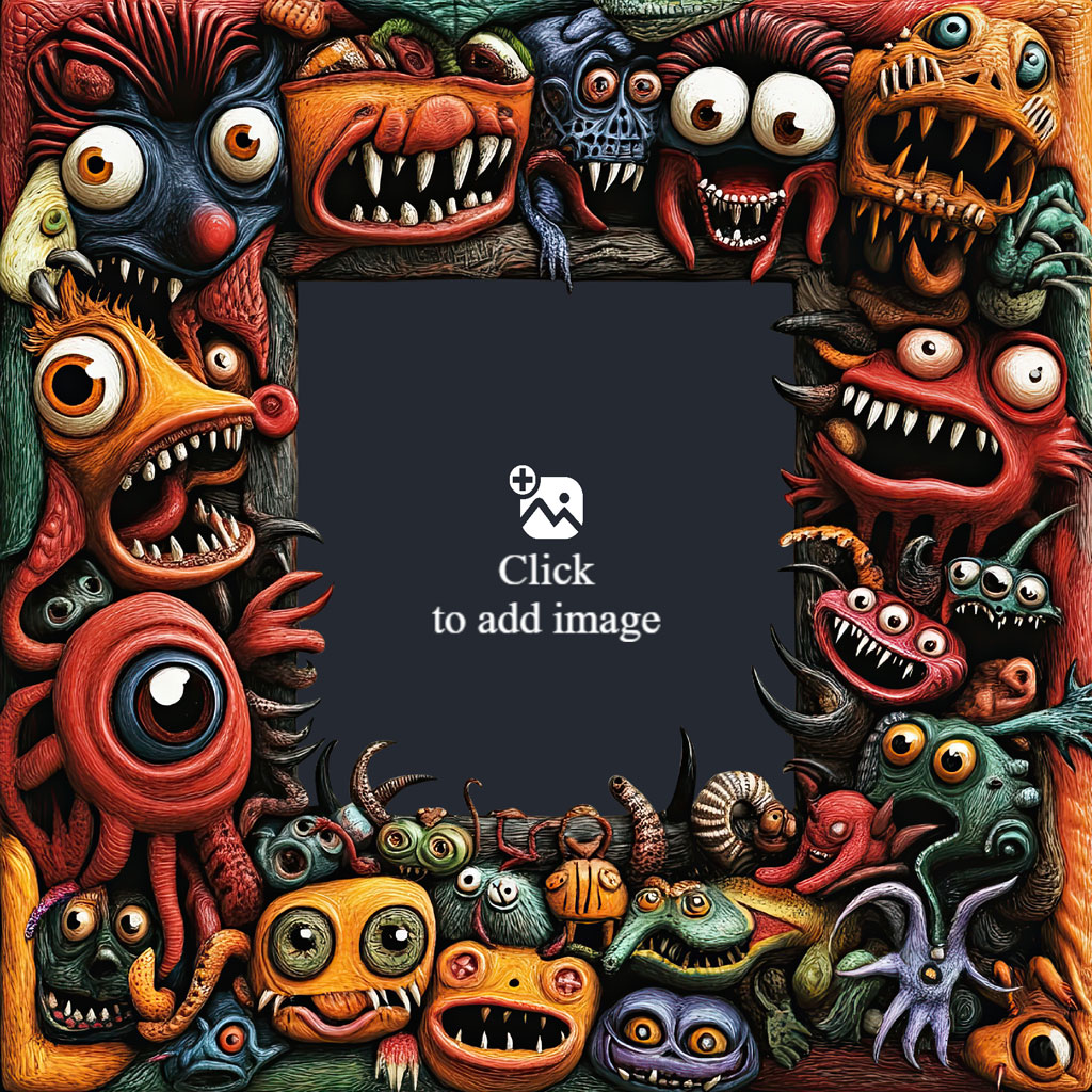 Colorful illustration of various monsters forming a frame around a black square