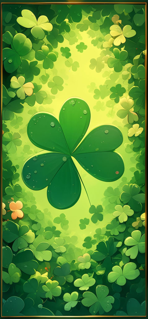 Digital illustration of a large four-leaf clover with water droplets, surrounded by smaller clovers.
