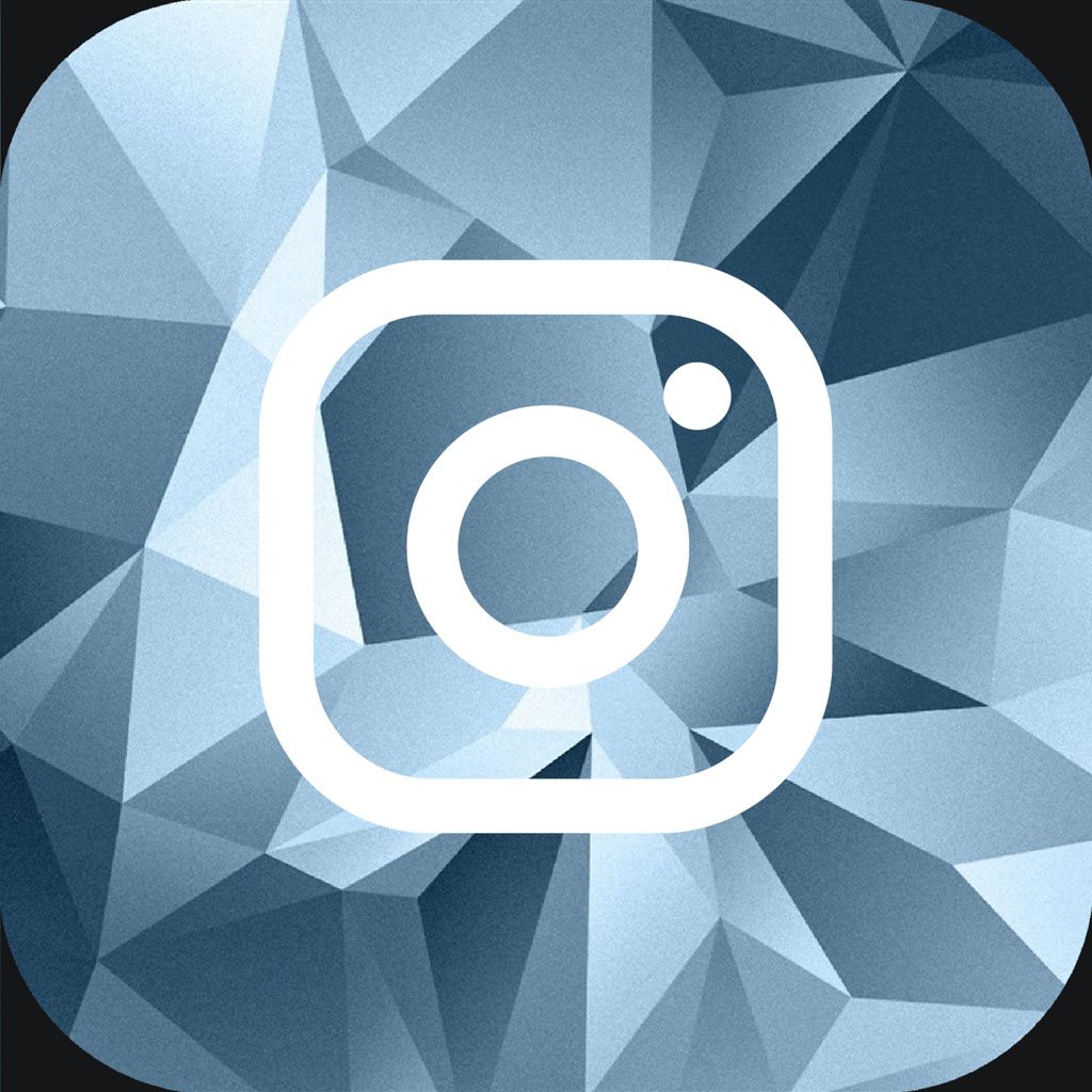Instagram logo with a camera icon on a blue geometric pattern