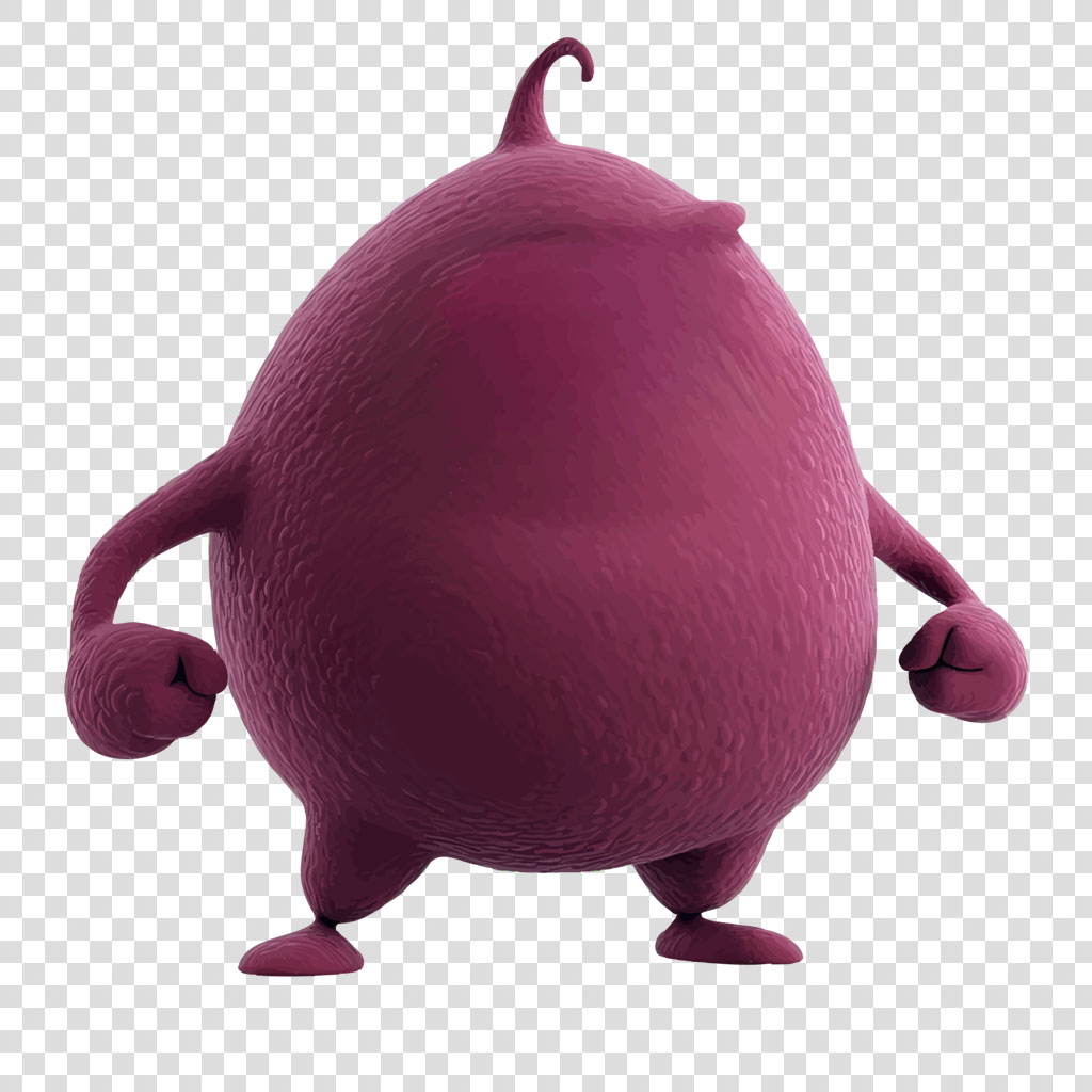 3D plum character with arms and legs