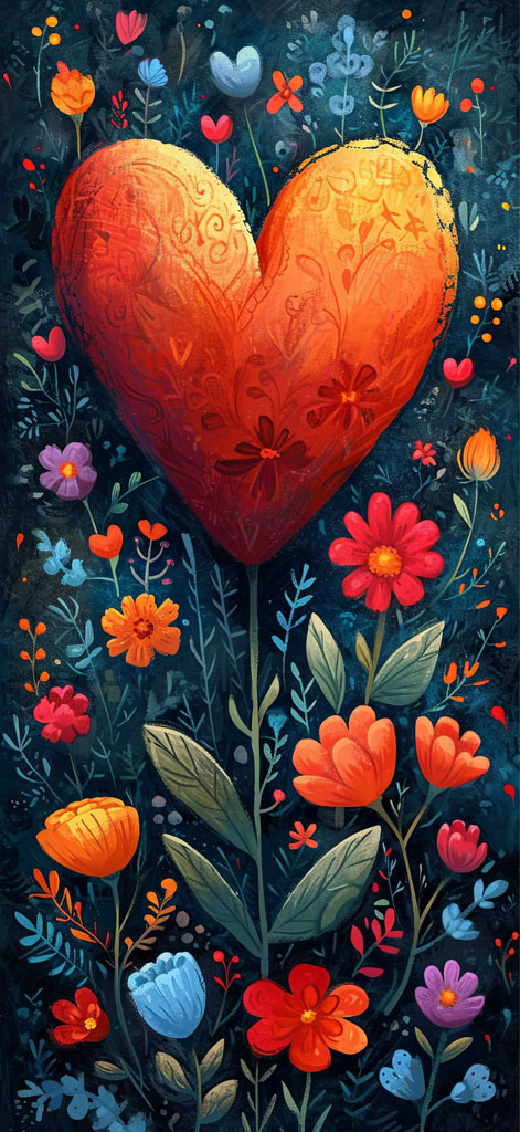Illustration of a large orange heart with floral patterns, set against a backdrop of diverse colorful flowers and greenery.