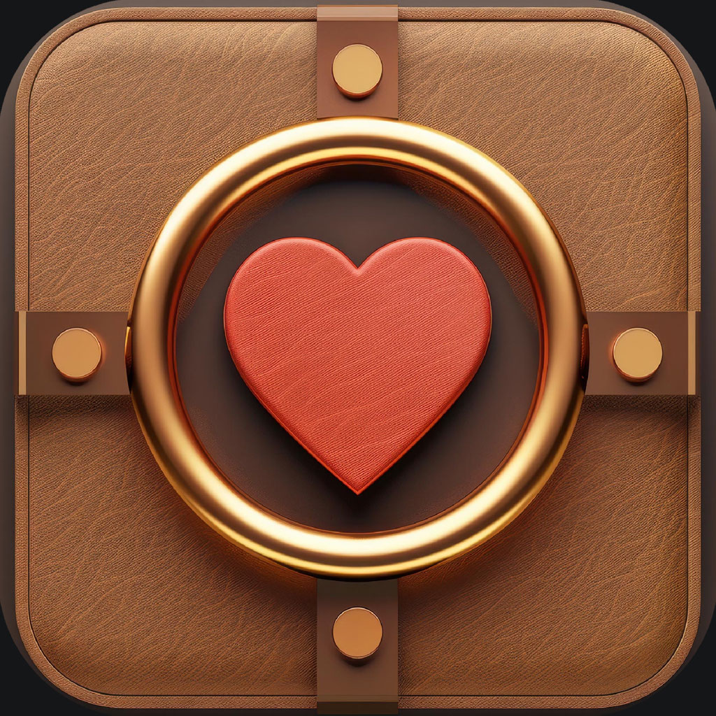 Gold heart icon on brown leather