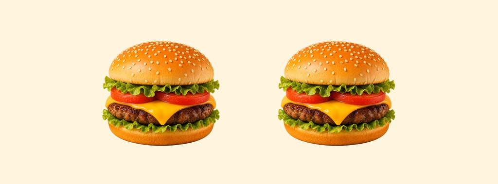 Two cheeseburgers with lettuce, tomato, and sesame seed buns on a light background.