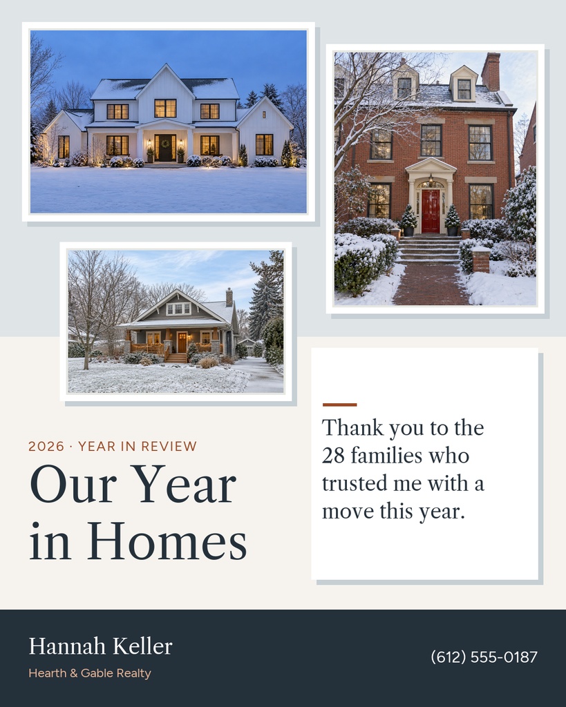 Portrait real estate year-in-review layout with three home photos and a thank-you message