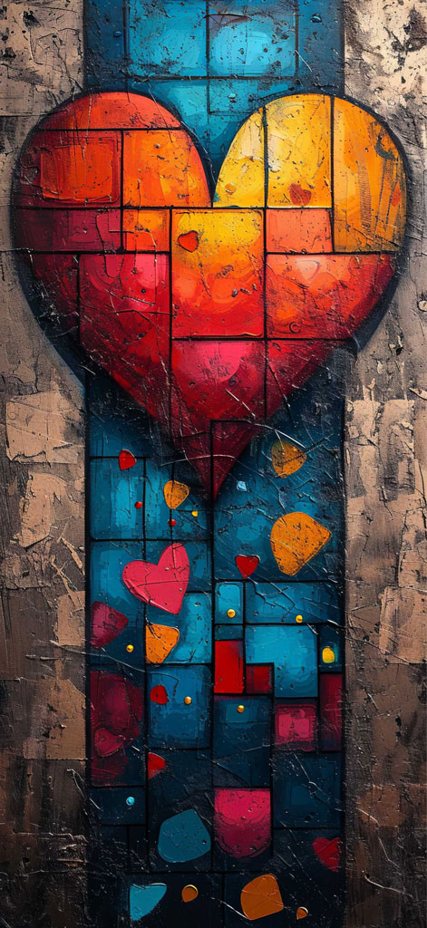 A mosaic heart artwork with a distressed background