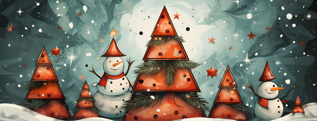 Illustration of snowmen and Christmas trees in a snowy landscape with stars