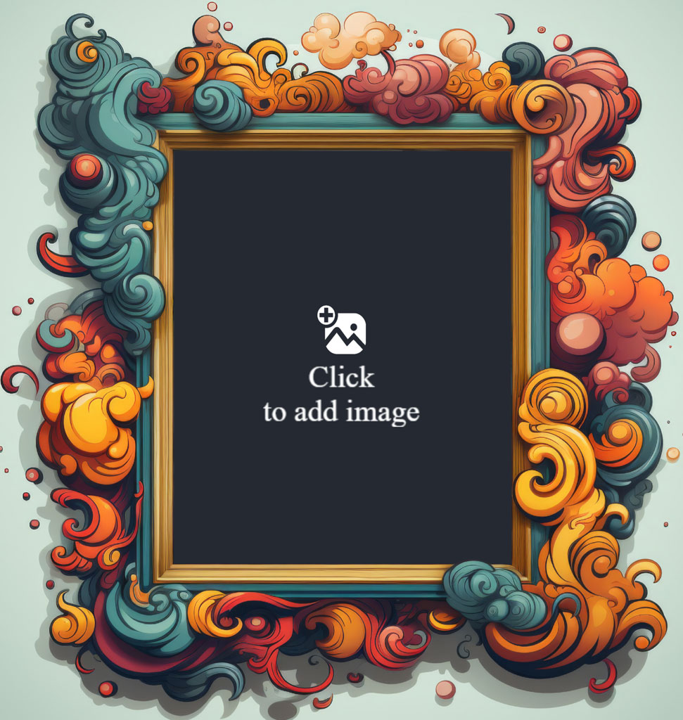 An ornate frame with swirling patterns in shades of orange, yellow, and teal.