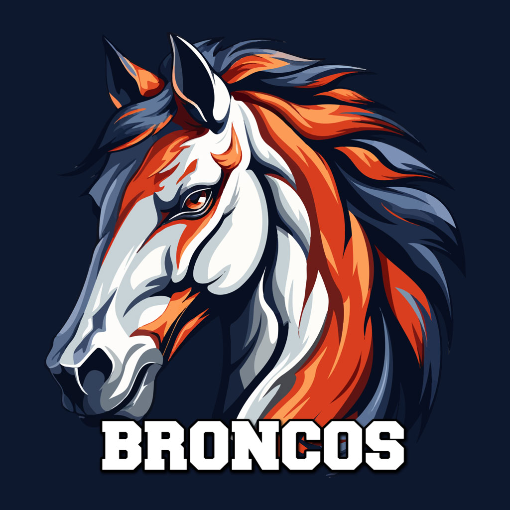 Illustration of a horse's head with the word 'BRONCOS' below it