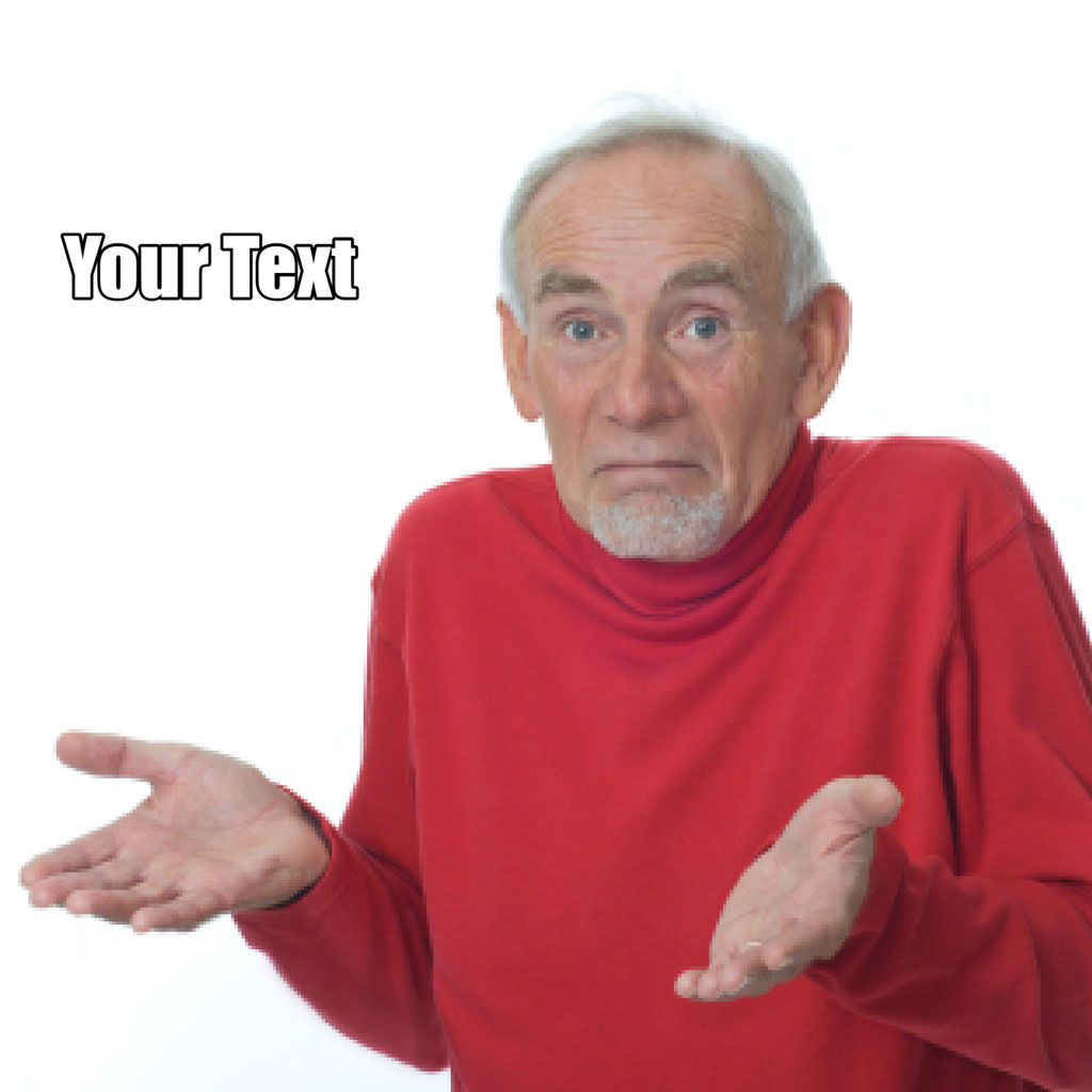 An older man with a puzzled expression wearing a red turtleneck sweater