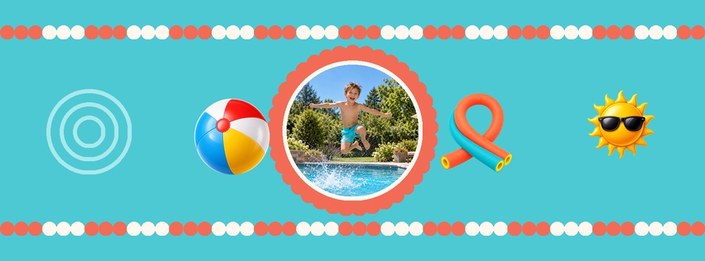 Turquoise birthday cover with beach ball, pool photo frame, float, sunglasses, and decorative dots