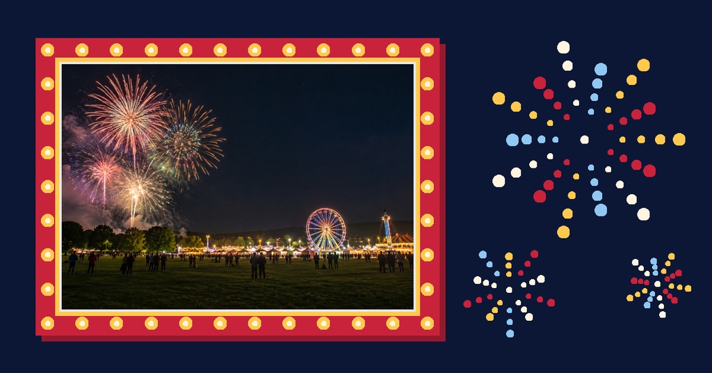 Fireworks over a fairground at night with a red decorative frame and starburst accents