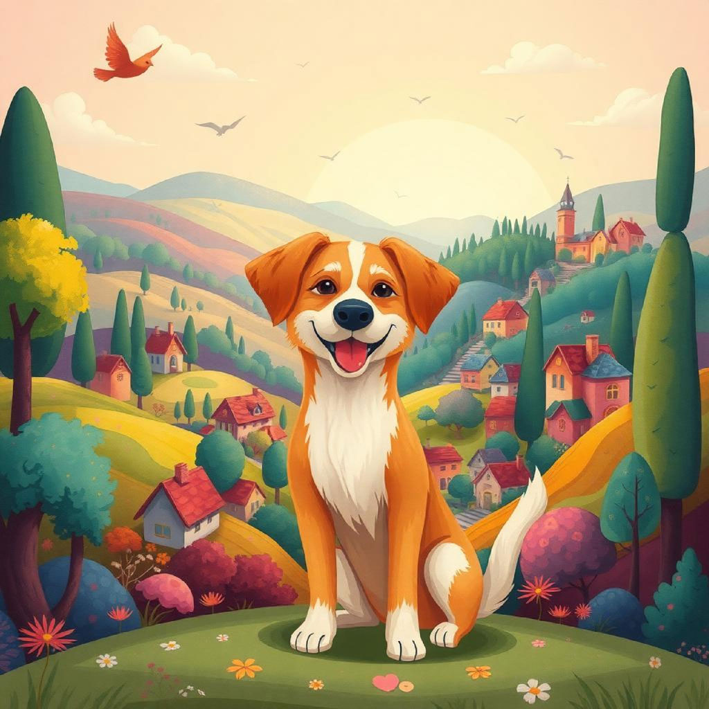 A cartoon boy holding a dog on a path in a picturesque village with houses and mountains