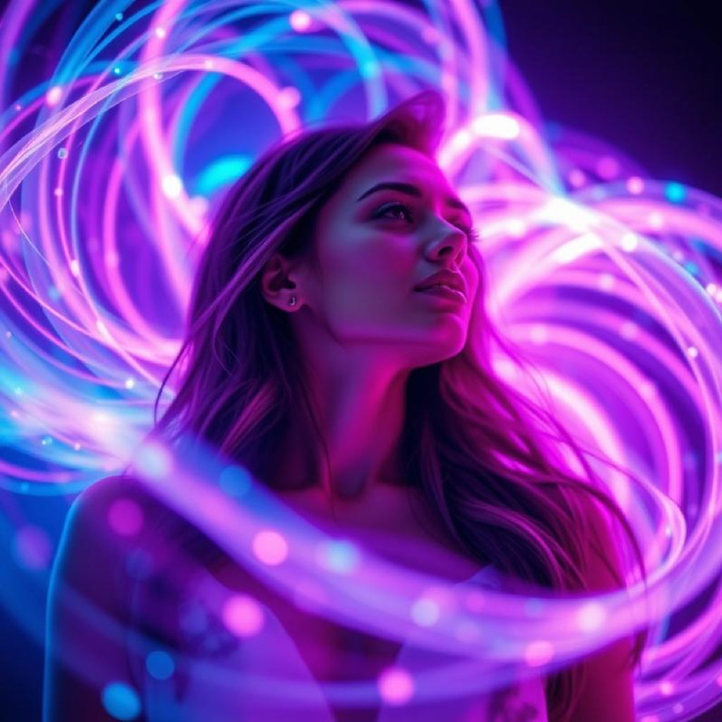 Woman surrounded by swirling neon lights