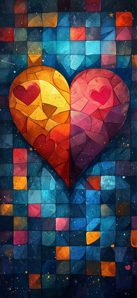 Mosaic heart art with two hearts in shades of red and orange