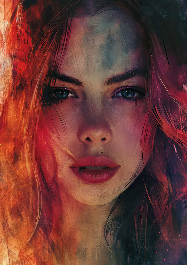 A woman with red hair and blue eyes looking directly at the camera.