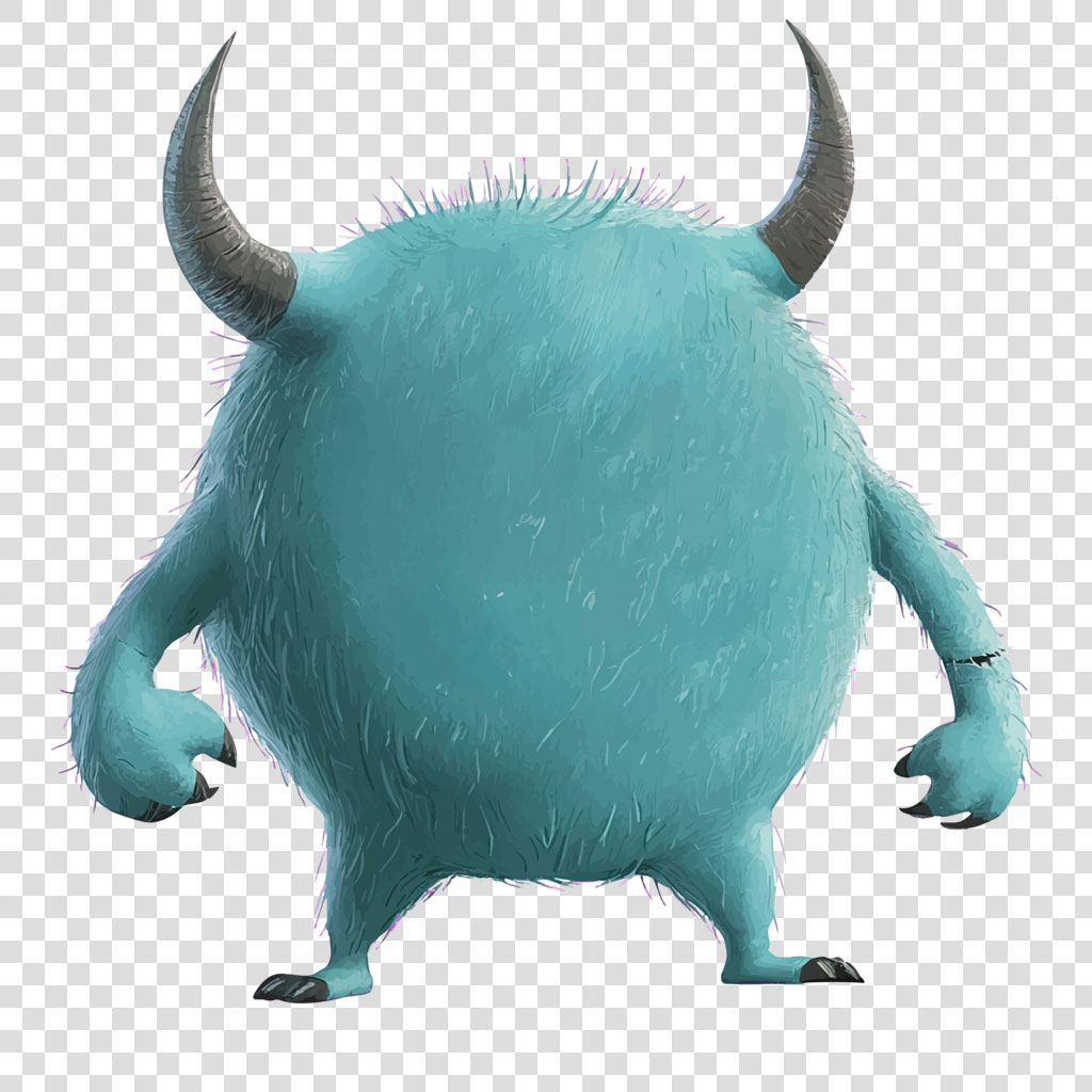 A blue furry monster with two horns and sharp claws