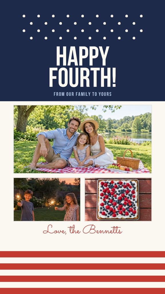 Patriotic Instagram story template with family photos, picnic scene, and red and white stripes.