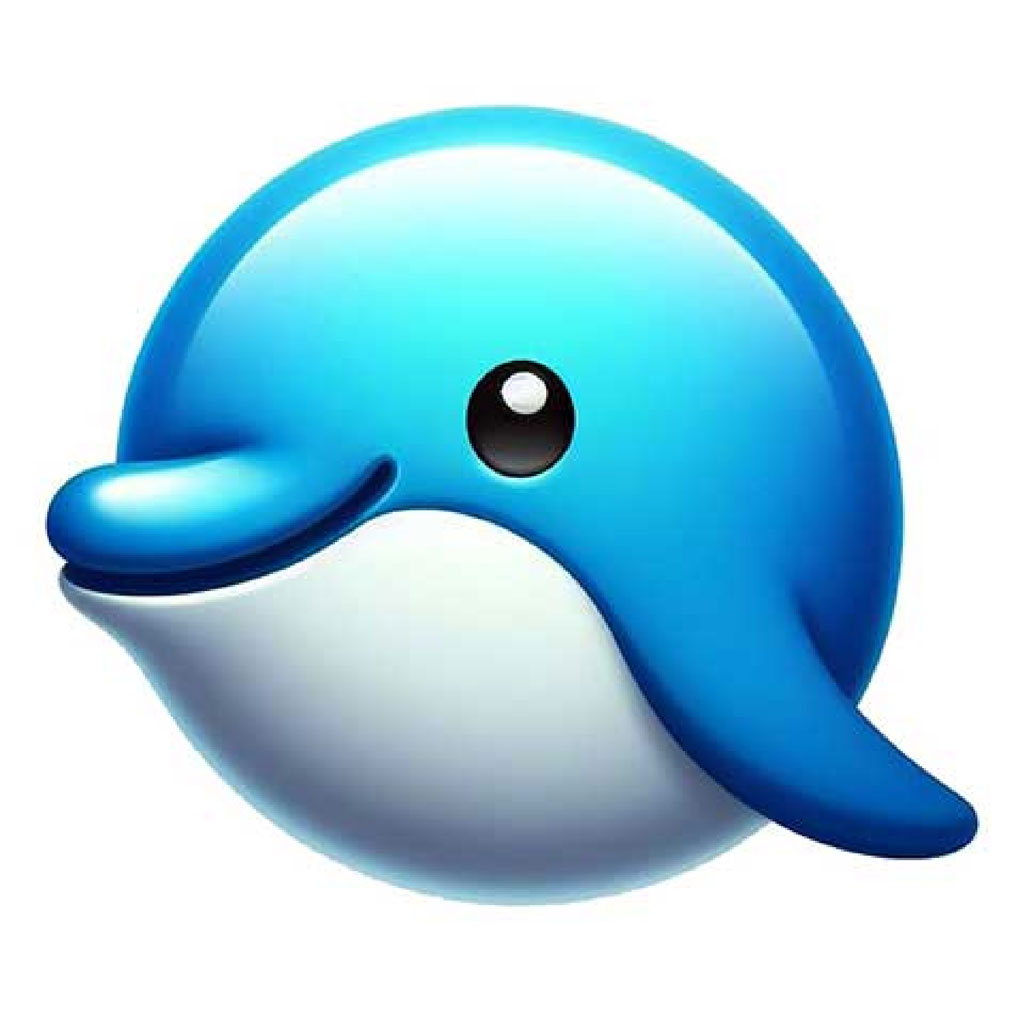 A smiling cartoon dolphin with a white belly and blue back