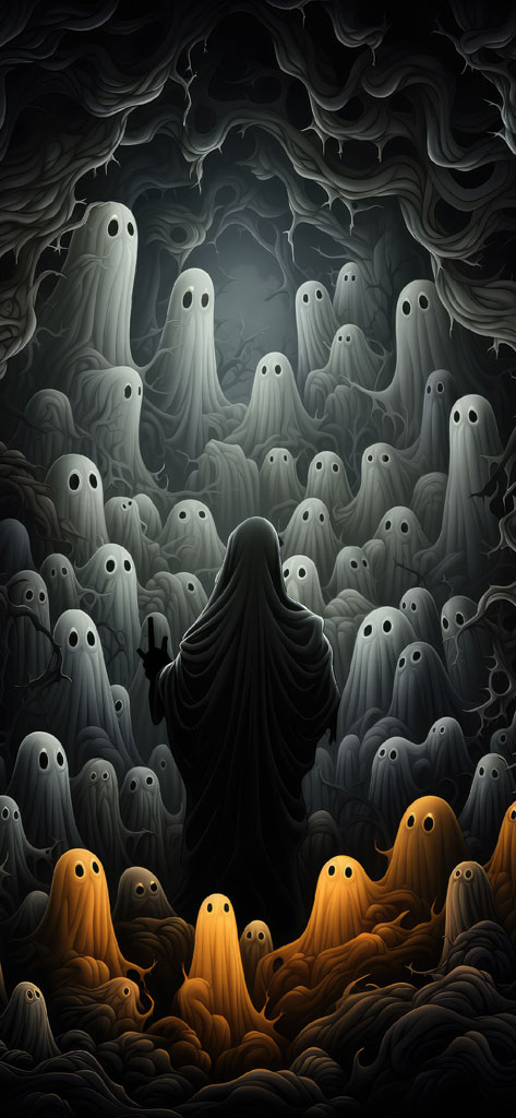 A dark illustration of a hooded figure surrounded by numerous ghostly figures in a dimly lit, eerie setting.