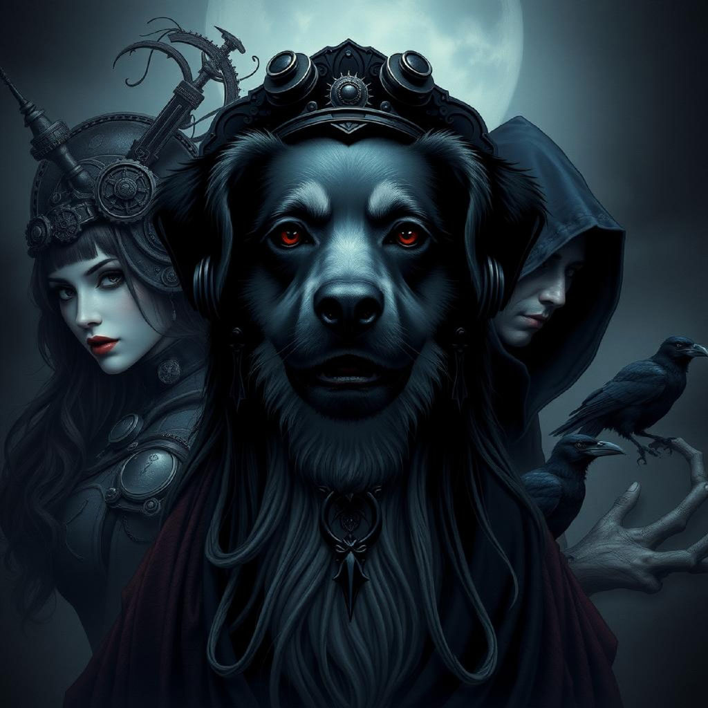 A woman in a dark cloak and ornate crown stands with ravens around her.