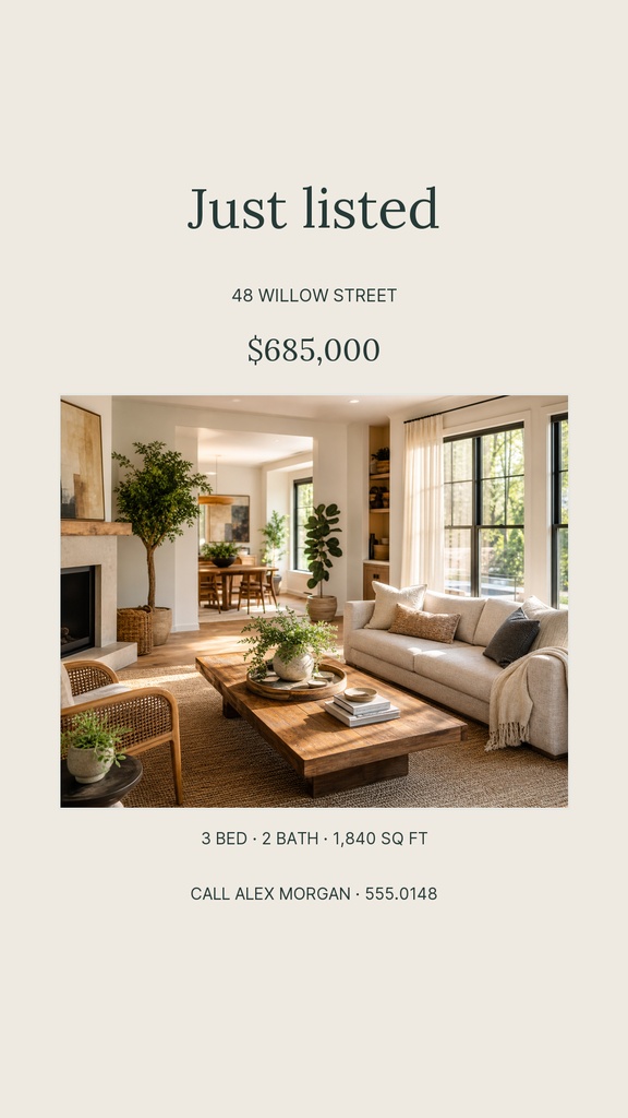 Instagram story template featuring a just listed home with price, address, and a living room photo.