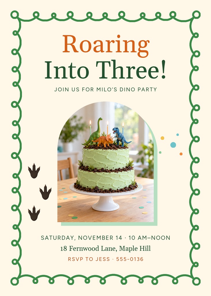 Preview for Roaring Into Three 5 × 7 Invitation Template