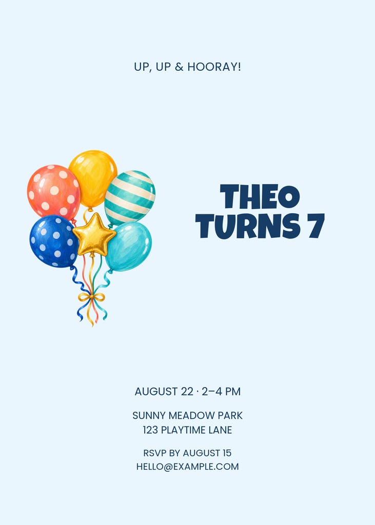 Blue 7th birthday invitation with colorful balloons and the text Theo turns 7.