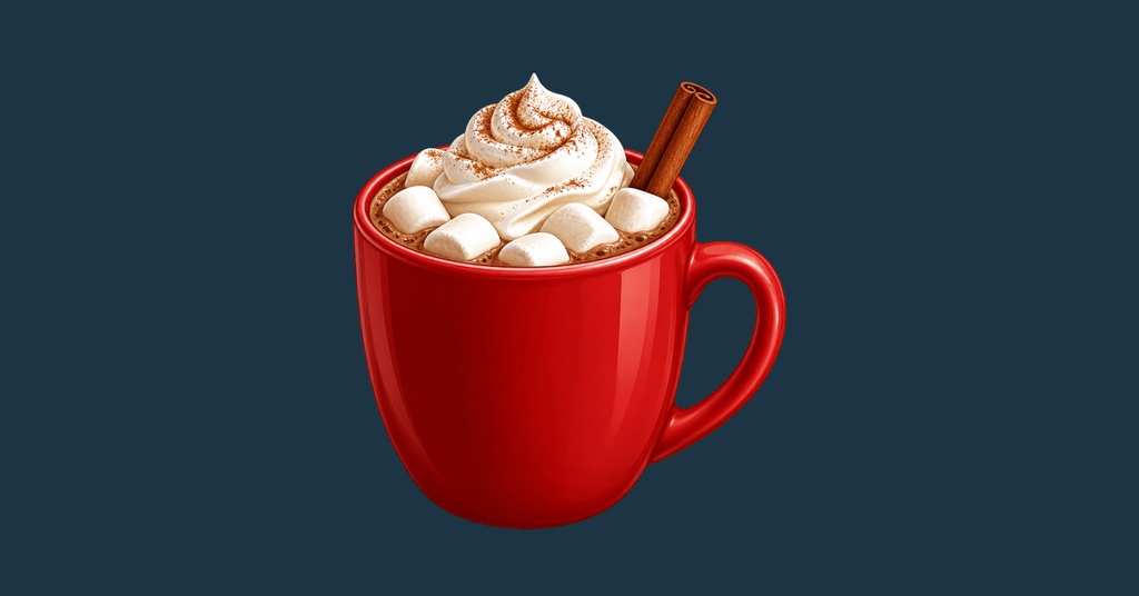 Red mug of hot cocoa topped with marshmallows and cinnamon on a dark background.