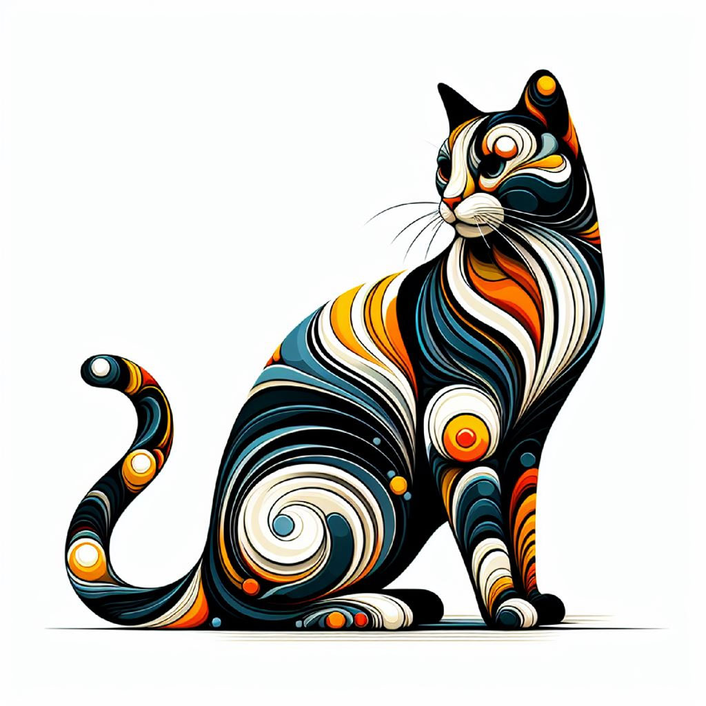 Multicolored cat sitting with yellow eyes