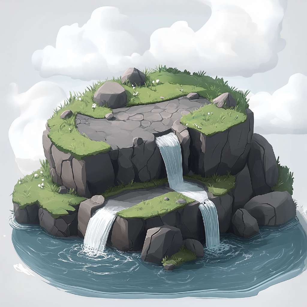 A cartoon illustration of a small island with multiple waterfalls cascading into the surrounding water.