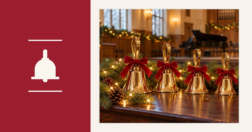 Red and cream Christmas event cover with bell icon and a photo of bells on a decorated table in a church setting.