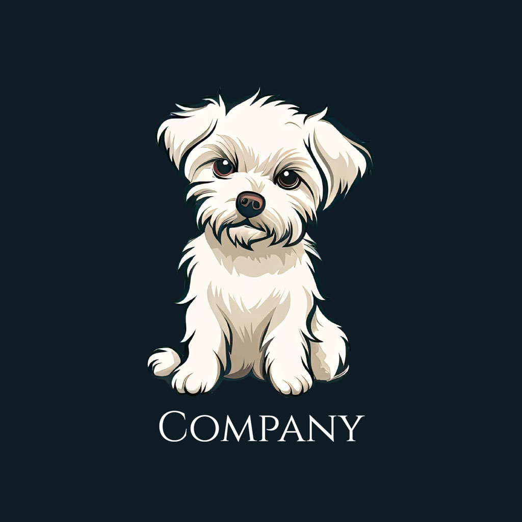 Illustration of a white dog sitting with the word COMPANY below it
