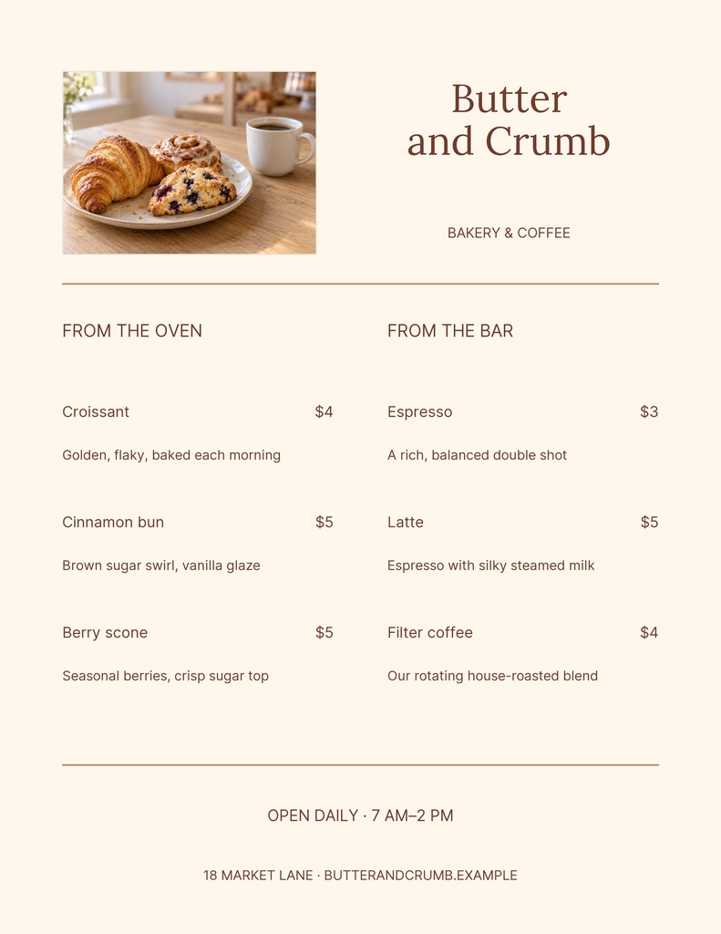 Preview for Butter And Crumb Letter Menu / Price List Template