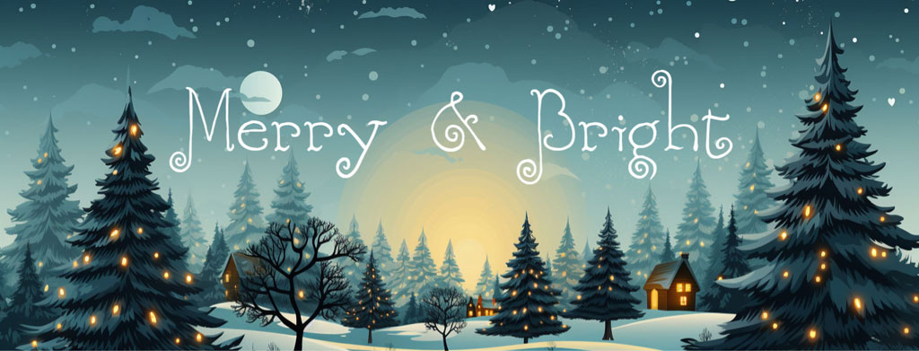 A digital illustration of a snowy forest with houses and trees decorated with lights.