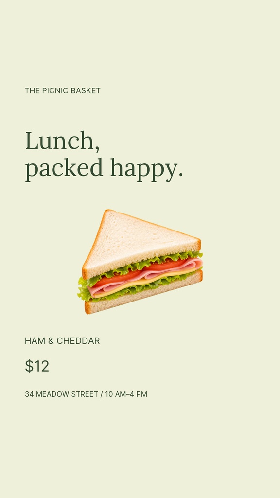 Minimal Instagram story design with a ham and cheddar sandwich, lunch pricing, and picnic basket text.