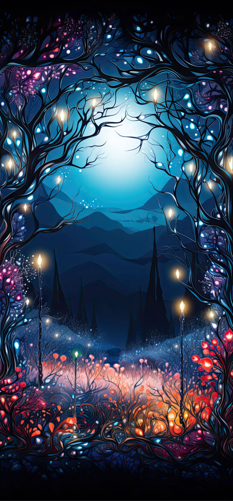 A digital artwork of a forest with glowing branches and colorful foliage