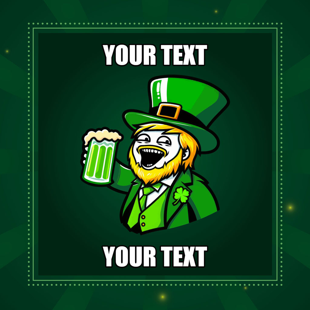 Cartoon leprechaun in green suit and hat holding beer