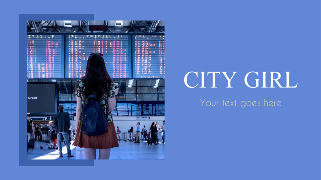 Woman standing in front of airport departures board