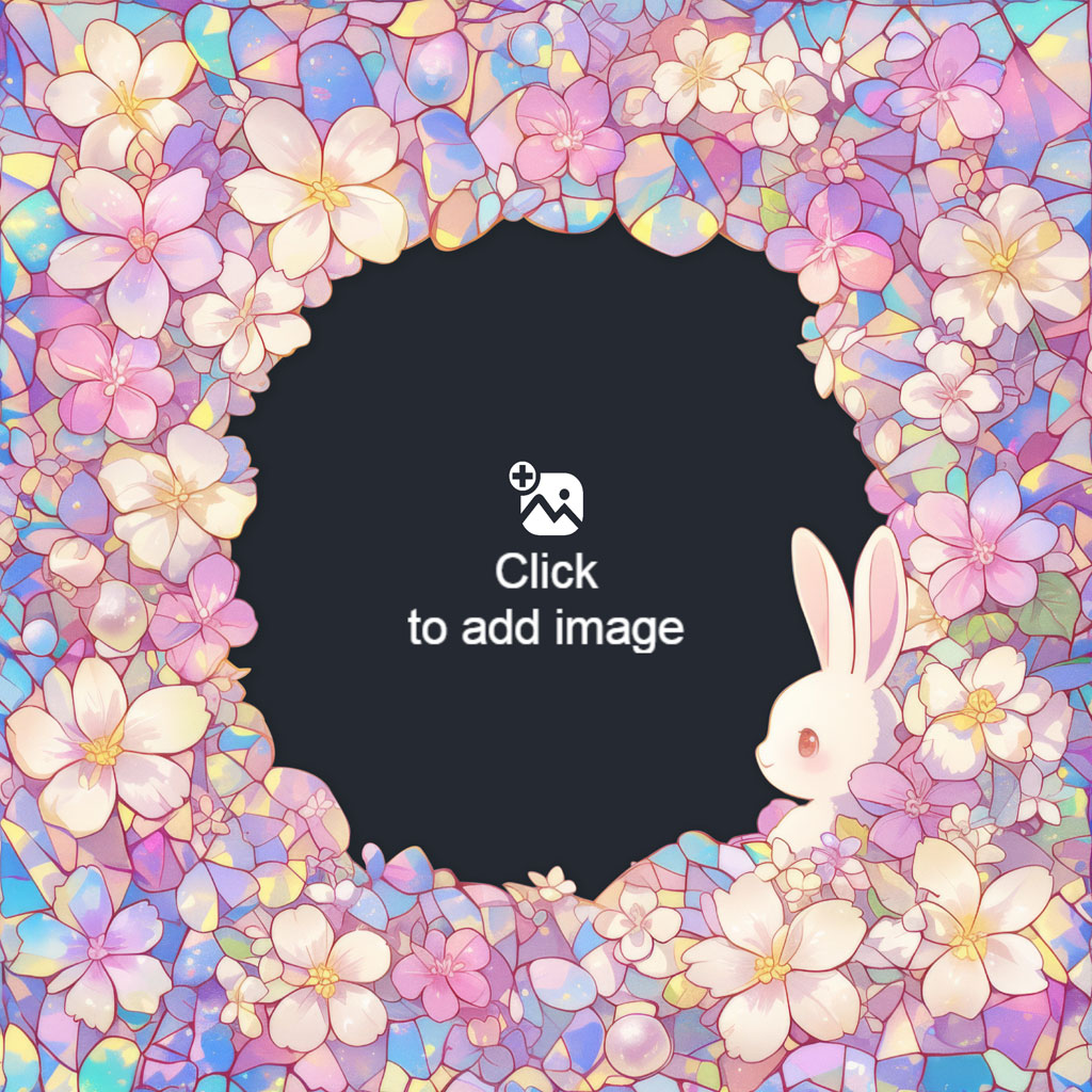 Stained glass floral frame with a white rabbit in the bottom right corner