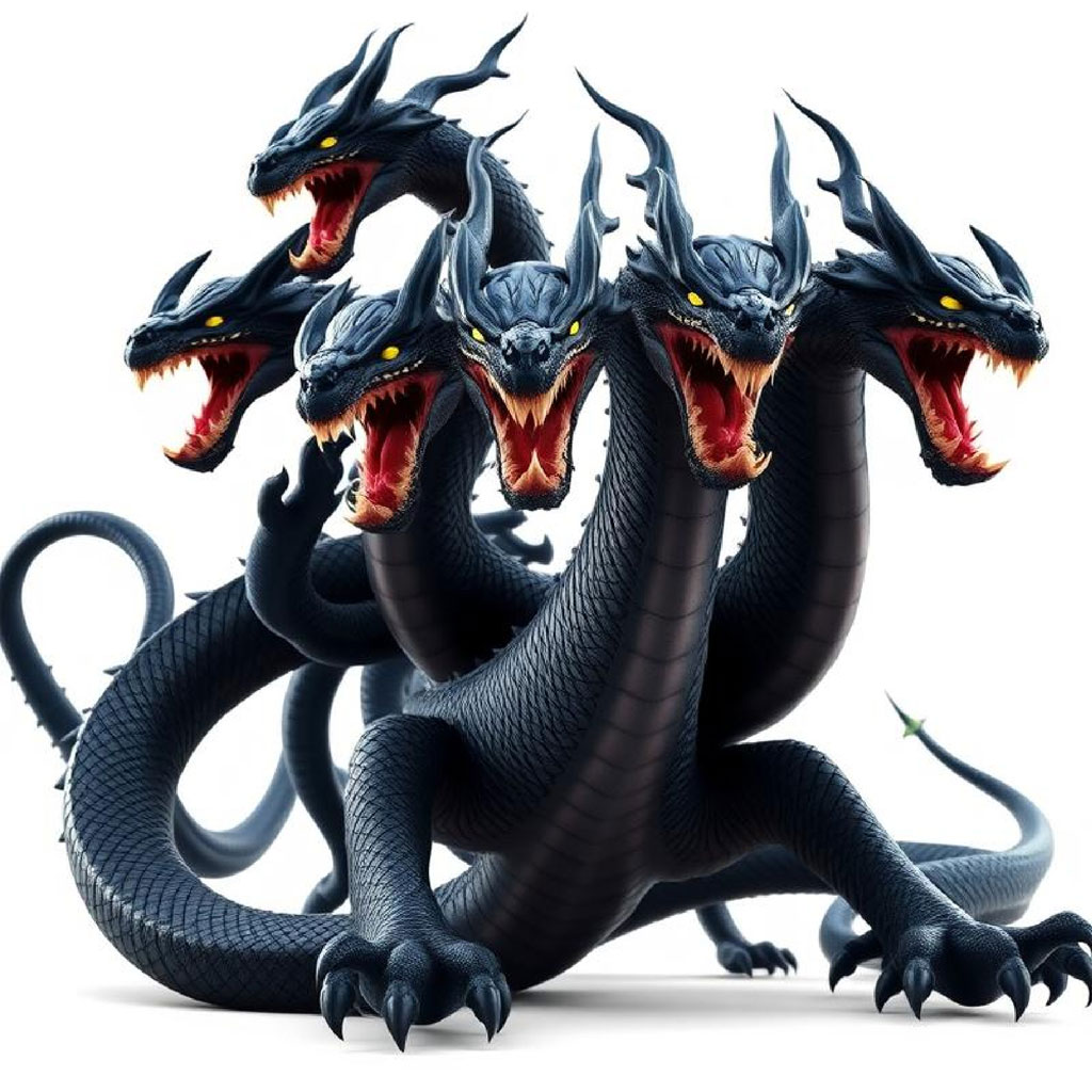 A digital illustration of a five-headed black dragon with sharp teeth and claws.