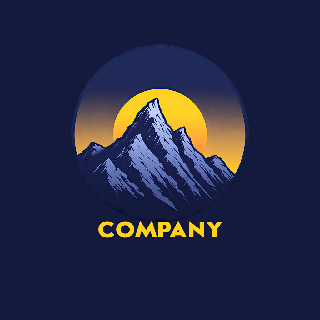 Company logo with a mountain and sun design