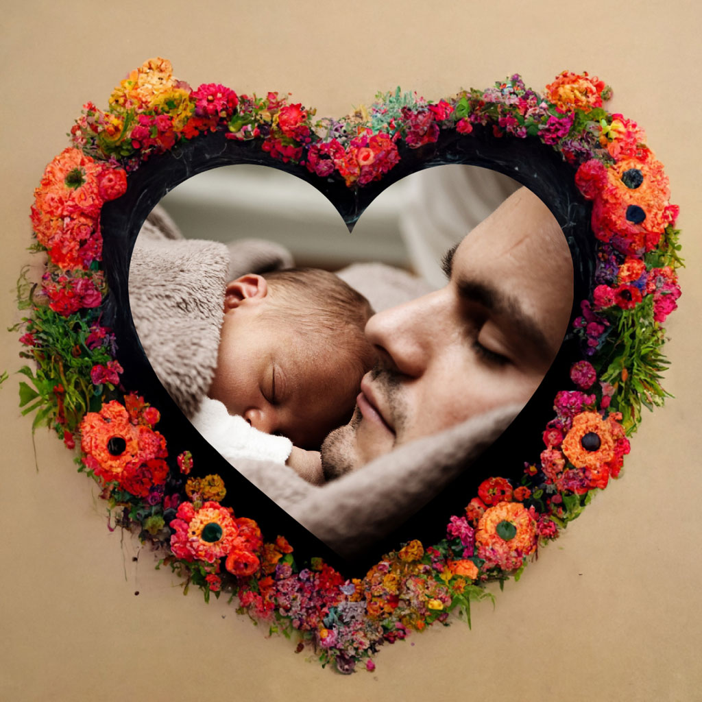 A heart-shaped frame adorned with flowers, containing a photo of a man and baby sleeping together
