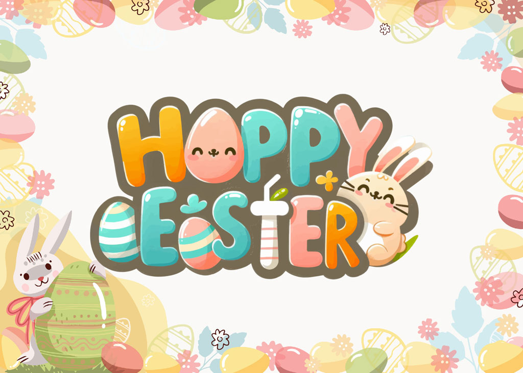 Happy Easter illustration with eggs and bunnies